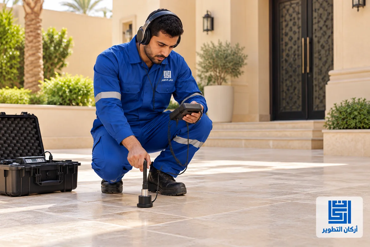 صورة توضيحية لفني يستخدم جهاز استماع لفحص تسرب المياه